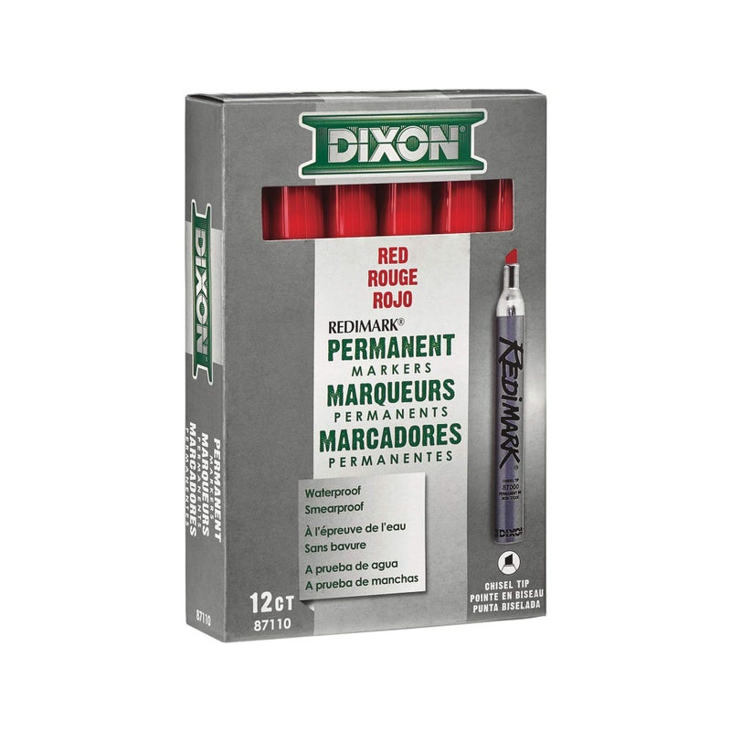 DIXON Industrial RediMark Permanent Markers, Chisel Point, Metal Barrel, Box of 12 Markers, Red (87110) - Image 3